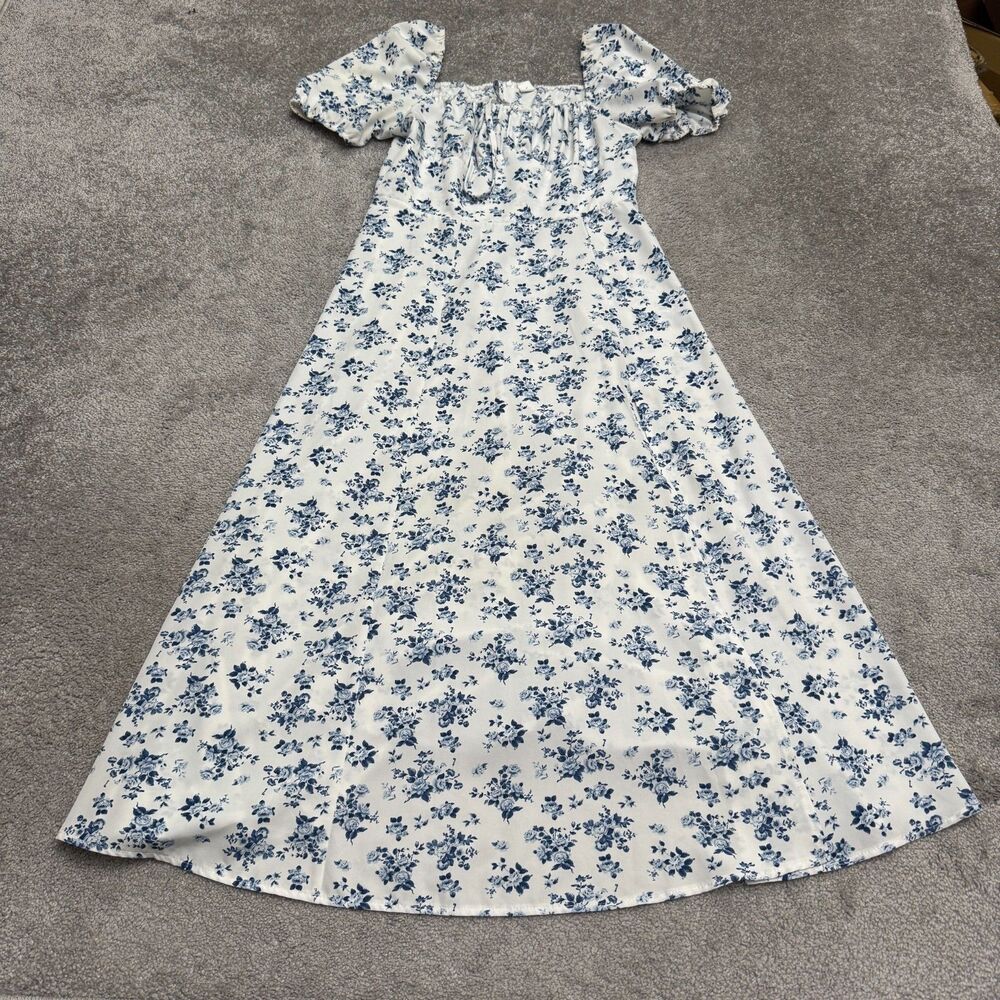 SHEIN Puff Sleeve Split Thigh Milkmaid Midi Dress Women Medium White Blue Floral
